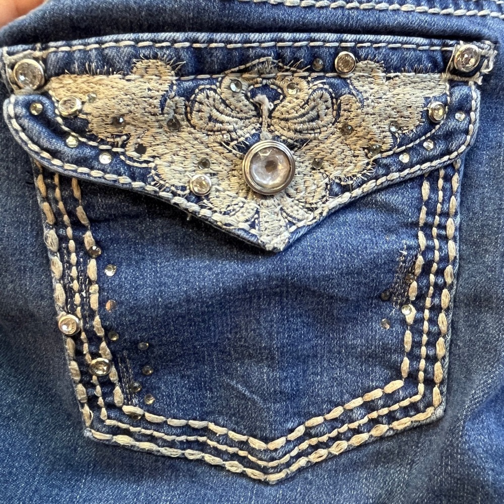 Earl Wms 14P Blue Jeans Embroidered Rhinestone Pockets Western Bling Y2K Stretch